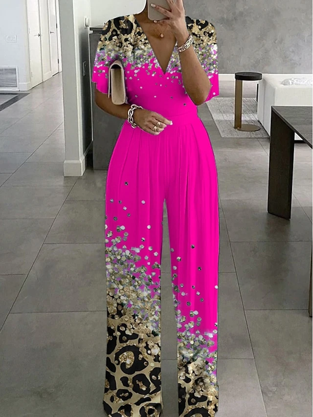 Women's Jumpsuit Print Leopard V Neck Formal Wedding Party Wide Leg Regular Fit Half Sleeve Bell Sleeve Light Green Pink Royal Blue S M L Summer 4 Women's Jumpsuit Print Leopard V Neck Formal Wedding Party Wide Leg Regular Fit Half Sleeve Bell Sleeve Light Green Pink Royal Blue S M L Summer - Image 4