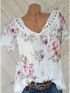 Women's Shirt Blouse White Pink Blue Floral Lace Up Print Short Sleeve Casual Holiday Basic V Neck Regular Fit Floral