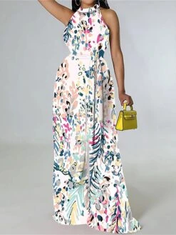 Women's Jumpsuit Backless Print Floral Halter Casual Street Daily Regular Fit Short Sleeve Black White Army Green S M L Spring