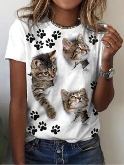 Women's T Shirt Tee White Cat 3D Print Short Sleeve Casual Weekend Basic Round Neck Regular Fit 3D Cat Painting