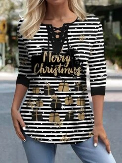 Women's T Shirt Tee Christmas Shirt Black Graphic Striped Print Long Sleeve Christmas Weekend Festival / Holiday V Neck Regular Fit Painting Spring &Fall