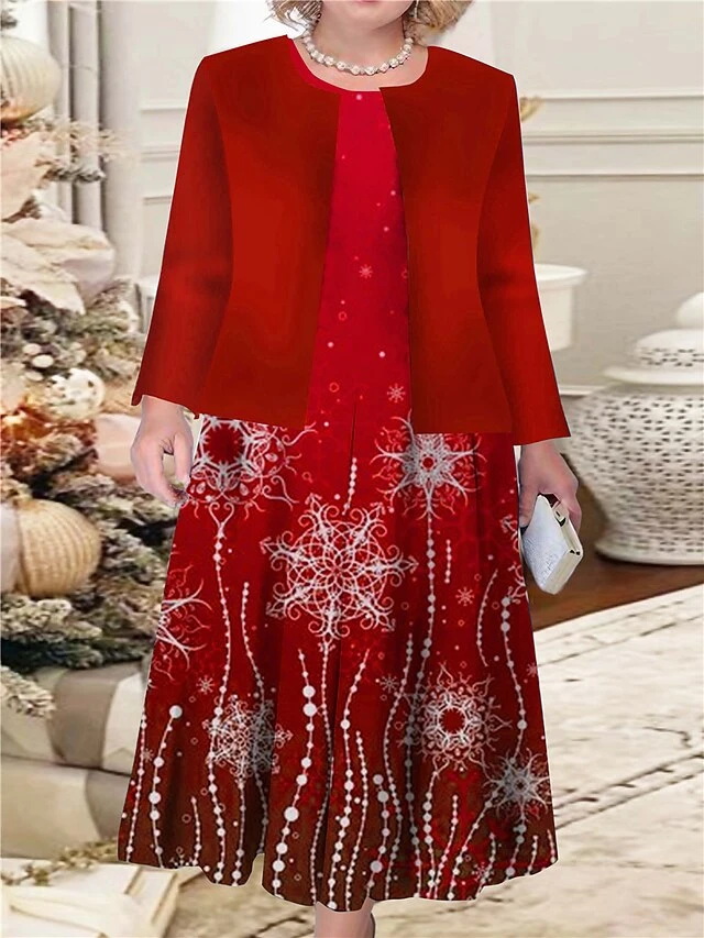 Women‘s Christmas Plus Size Curve Casual Dress Dress Set Two Piece Dress Floral Midi Dress Long Sleeve Print Crew Neck Fashion Outdoor Red Blue Fall Winter L XL XXL 3XL 4XL 2 Women‘s Christmas Plus Size Curve Casual Dress Dress Set Two Piece Dress Floral Midi Dress Long Sleeve Print Crew Neck Fashion Outdoor Red Blue Fall Winter L XL XXL 3XL 4XL - Image 2