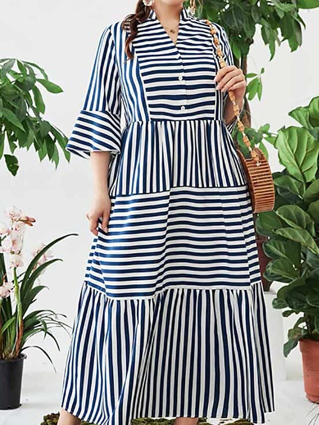Women's Shirt Dress Casual Dress Maxi Long Dress Outdoor Daily Date Cotton Polyester Fashion Basic Stand Collar Patchwork Button Long Sleeve Fall 2023 Loose Fit Blue Striped L XL 2XL 3XL 4XL 6 Women's Shirt Dress Casual Dress Maxi Long Dress Outdoor Daily Date Cotton Polyester Fashion Basic Stand Collar Patchwork Button Long Sleeve Fall 2023 Loose Fit Blue Striped L XL 2XL 3XL 4XL - Image 6