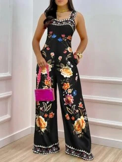 Women's Jumpsuit Print Floral Square Neck Casual Daily Vacation Straight Regular Fit Sleeveless Black S M L Spring