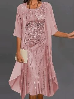 Women's Two Piece Dress Set Casual Dress Chiffon Dress Outdoor Daily Streetwear Modern Print Midi Dress Crew Neck Half Sleeve Plain Print Loose Fit Pink Blue Green Summer Spring M L XL XXL XXXL -Cheap Plus Fit Dress Store vqvzma1677722453565