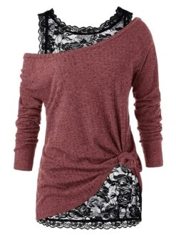 Women's Shirt Burgundy Tee 2 Pieces Outfits Waffle Black Wine Blue Floral Lace Print Long Sleeve Casual Fashion One Shoulder Regular Fit Floral Spring &Fall -Cheap Plus Fit Dress Store vqweav1627981015090