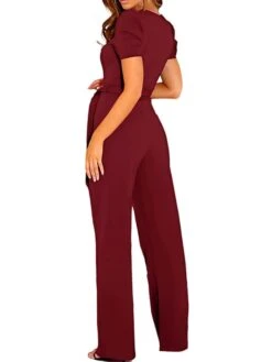 Women's Jumpsuit Lace Up Solid Color V Neck Streetwear Holiday Vacation Regular Fit Short Sleeve Black Wine Red S M L Spring -Cheap Plus Fit Dress Store vqwibm1673405782853