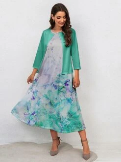 Women's Two Piece Dress Set Casual Dress Swing Dress Outdoor Office Fashion Streetwear Print Midi Dress Crew Neck 3/4 Length Sleeve Floral Ombre Regular Fit Pink Blue Purple Fall Winter S M L XL XXL -Cheap Plus Fit Dress Store vrpkcg1697681156942