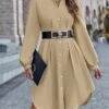 Women's Shirt Dress Casual Dress Mini Dress Outdoor Daily Date Polyester Fashion Modern V Neck Ruched Button Long Sleeve Fall Winter 2023 Loose Fit ArmyGreen Orange Apricot Pure Color S M L XL
