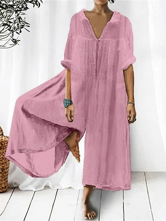 Women's Jumpsuit Solid Color Shirt Collar Streetwear Street Daily Loose Fit Half Sleeve White Yellow Pink S M L Summer 3 Women's Jumpsuit Solid Color Shirt Collar Streetwear Street Daily Loose Fit Half Sleeve White Yellow Pink S M L Summer - Image 3