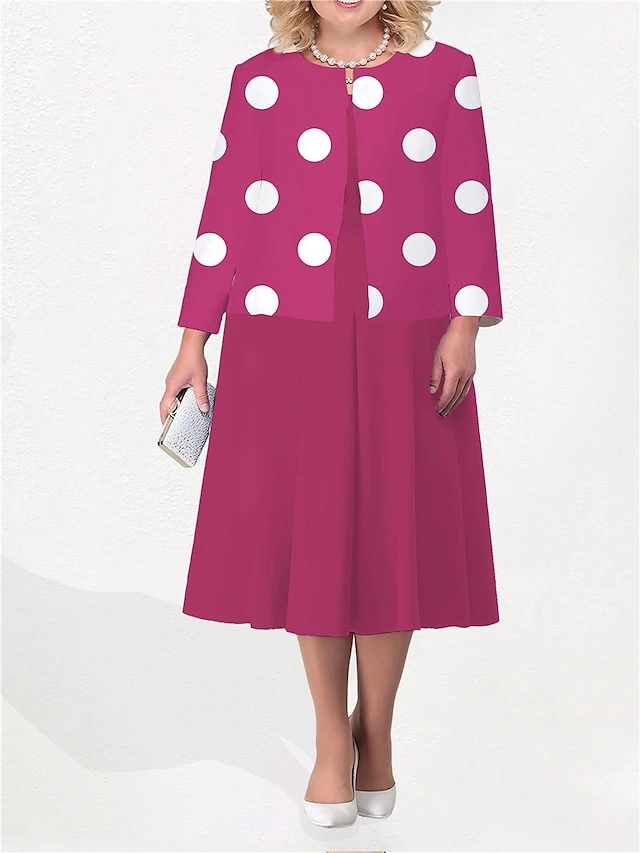 Women's Plus Size Curve Two Piece Dress Set Casual Dress Print Dress Outdoor Office Fashion Streetwear Print Midi Dress Crew Neck Long Sleeve Polka Dot White Yellow Fuchsia Fall Winter L XL XXL 3 Women's Plus Size Curve Two Piece Dress Set Casual Dress Print Dress Outdoor Office Fashion Streetwear Print Midi Dress Crew Neck Long Sleeve Polka Dot White Yellow Fuchsia Fall Winter L XL XXL - Image 3