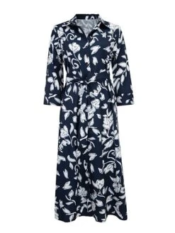 Women's Shirt Dress Casual Dress Midi Dress Outdoor Daily Vacation Polyester Fashion Modern Shirt Collar Button Pocket 3/4 Length Sleeve Summer Spring Fall 2023 Regular Fit Navy Blue Green Leaf Floral -Cheap Plus Fit Dress Store vsbetk1689744468869