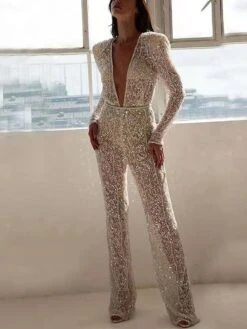 Women's Jumpsuit For Special Occasions See Through Beaded Sequin Solid Color Deep V Elegant Party Wedding Regular Fit Long Sleeve Gold S M L Spring
