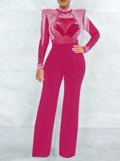 Women's Jumpsuit High Waist Tassel Solid Color Stand Collar Elegant Party Regular Fit Long Sleeve Green Blue Fuchsia S M L Winter