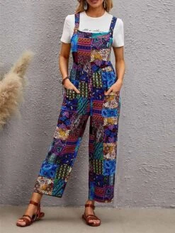 Women's Overall Pocket Print Color Block Square Neck Streetwear Daily Vacation Regular Fit Sleeveless Blue S M L Summer