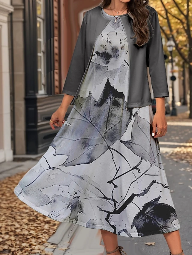 Women's Two Piece Dress Set Casual Dress Swing Dress Outdoor Office Fashion Streetwear Print Midi Dress Crew Neck 3/4 Length Sleeve Leaf Regular Fit Yellow Green Gray Fall Winter S M L XL XXL 1 Women's Two Piece Dress Set Casual Dress Swing Dress Outdoor Office Fashion Streetwear Print Midi Dress Crew Neck 3/4 Length Sleeve Leaf Regular Fit Yellow Green Gray Fall Winter S M L XL XXL