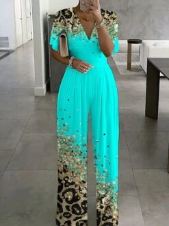 Women's Jumpsuit Print Leopard V Neck Formal Wedding Party Wide Leg Regular Fit Half Sleeve Bell Sleeve Light Green Pink Royal Blue S M L Summer
