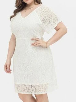 Women's Plus Size Party Dress Lace Dress Cocktail Dress Midi Dress White Short Sleeve Pure Color Lace Spring Fall Winter V Neck Fashion Birthday Wedding Guest Vacation 2023 XL XXL 3XL 4XL -Cheap Plus Fit Dress Store vuehch1693535467885