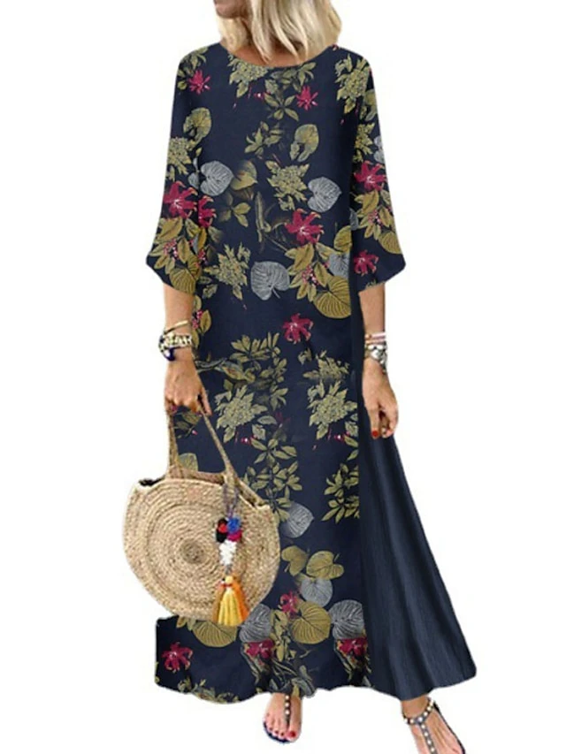 Women's Plus Size Holiday Dress Floral Crew Neck Print 3/4 Length Sleeve Fall Spring Casual Maxi Long Dress Causal Daily Dress / Linen 3 Women's Plus Size Holiday Dress Floral Crew Neck Print 3/4 Length Sleeve Fall Spring Casual Maxi Long Dress Causal Daily Dress / Linen - Image 3