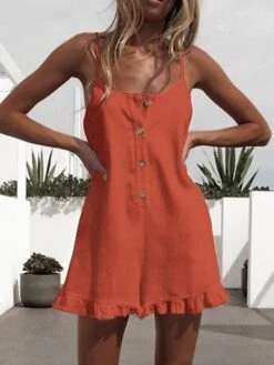 White Jumpsuits For Women Romper Ruffle Button Solid Color Crew Neck Streetwear Street Daily Regular Fit Spaghetti Strap Black Orange S M L Summer -Cheap Plus Fit Dress Store vuhujn1680073085522