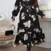 Women's Plus Size Curve Party Dress Wedding Guest Dress Black Dress Long Dress Maxi Dress Black Long Sleeve Flower With Belt Spring Fall Winter V Neck Fashion Winter Dress Evening Party Wedding Guest