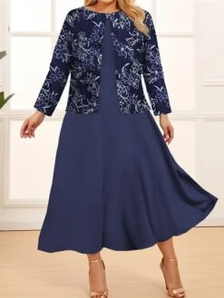 Women‘s Plus Size Curve Two Piece Dress Set Casual Dress Swing Dress Outdoor Office Fashion Streetwear Print Midi Dress Crew Neck Long Sleeve Floral Regular Fit Navy Blue Royal Blue Purple Spring Fall -Cheap Plus Fit Dress Store vvbmlk1691646812096