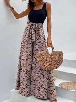 Women's Jumpsuit Print Leopard Square Neck Streetwear Street Daily Wide Leg Regular Fit Sleeveless Pink Khaki S M L Summer