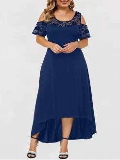 Women‘s Plus Size Curve Party Dress Lace Dress Wedding Guest Dress Black Dress Long Dress Maxi Dress Wine Blue Short Sleeve Pure Color Lace Summer Spring Fall Crew Neck Fashion Birthday Vacation -Cheap Plus Fit Dress Store vvoyts1691044192780