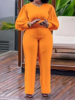 Women's Jumpsuit High Waist Solid Color Round Neck Active Daily Vacation Wide Leg Slim Long Sleeve Puff Balloon Sleeve Black Pink Blue S M L Fall -Cheap Plus Fit Dress Store vvvsgx1696731543109