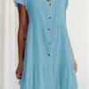 Women's Casual Dress Cotton Linen Dress Swing Dress Mini Dress Cotton Blend Basic Classic Outdoor Daily Vacation V Neck Ruched Button Short Sleeve Summer Spring 2023 Regular Fit White Blue Purple