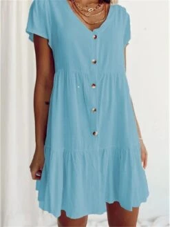 Women's Casual Dress Cotton Linen Dress Swing Dress Mini Dress Cotton Blend Basic Classic Outdoor Daily Vacation V Neck Ruched Button Short Sleeve Summer Spring 2023 Regular Fit White Blue Purple