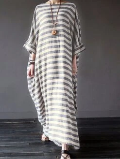 Women's Cotton Linen Dress Casual Dress Maxi Long Dress Linen Cotton Blend Casual Outdoor Daily Crew Neck Print Long Sleeve Summer Spring Fall 2023 Loose Fit Black Gray Striped S M L XL 2XL