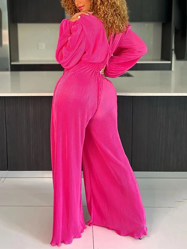 Women's Jumpsuit Criss Cross Solid Color V Neck Streetwear Street Daily Regular Fit Long Sleeve Fuchsia Green S M L Fall 3 Women's Jumpsuit Criss Cross Solid Color V Neck Streetwear Street Daily Regular Fit Long Sleeve Fuchsia Green S M L Fall - Image 3