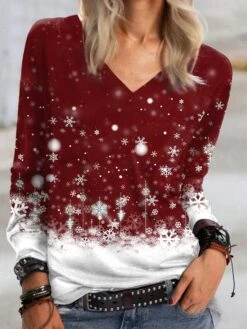 Women's T Shirt Tee Green Blue Purple Graphic Snowflake Print Long Sleeve Christmas Casual V Neck Regular Abstract Painting S