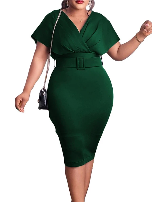 Women‘s Plus Size Curve Easter Dress Work Dress Solid Color V Neck Short Sleeve Spring Dress Fall Work Formal Knee Length Dress Date Vacation Dress 7 Women‘s Plus Size Curve Easter Dress Work Dress Solid Color V Neck Short Sleeve Spring Dress Fall Work Formal Knee Length Dress Date Vacation Dress - Image 7