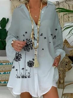 Women's Shirt Dress Casual Dress Shift Dress Mini Dress Outdoor Daily Vacation Polyester Fashion Classic Shirt Collar Button Print Long Sleeve Summer Spring Fall 2023 Loose Fit Gray Floral M L XL 2XL