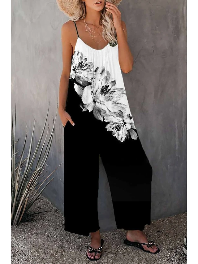 Women's Overall Print Floral U Neck Holiday Daily Vacation Straight Regular Fit Sleeveless Sleeveless Black Blue Brown S M L Summer 2 Women's Overall Print Floral U Neck Holiday Daily Vacation Straight Regular Fit Sleeveless Sleeveless Black Blue Brown S M L Summer - Image 2