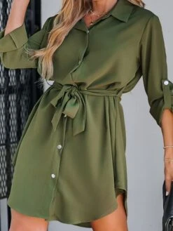 Women's Shirt Dress Casual Dress Mini Dress Outdoor Daily Polyester Basic Classic Shirt Collar Lace Up Button Long Sleeve Spring Fall Winter 2023 Loose Fit Green Pure Color S M L XL -Cheap Plus Fit Dress Store vxbpje1693200108592
