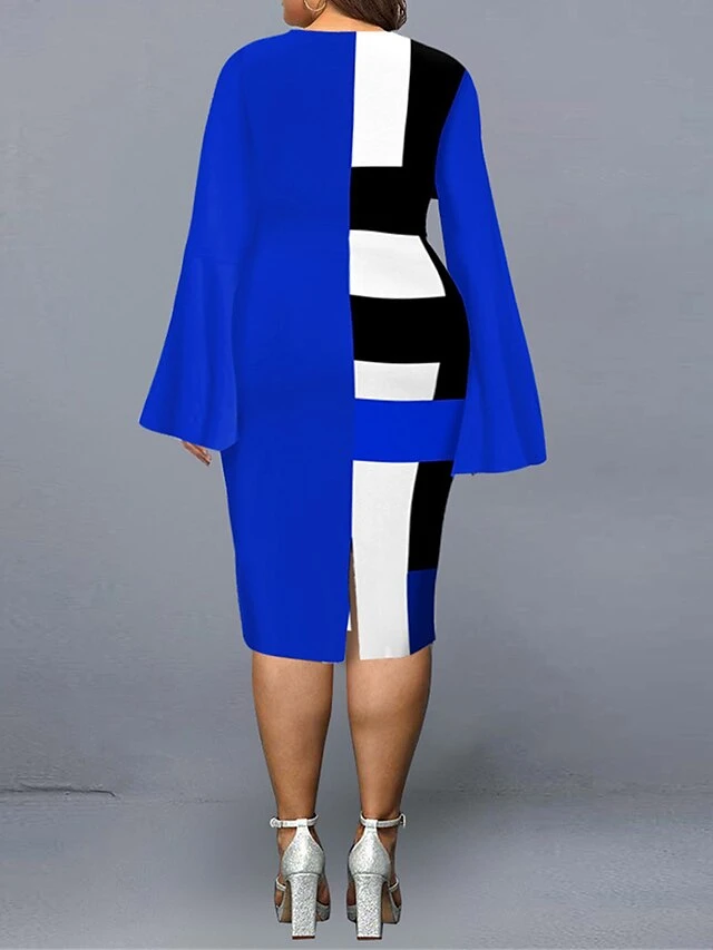 Women's Plus Size Curve Party Dress Cocktail Dress Work Dress Geometric Stripe Midi Dress Long Sleeve Print V Neck Fashion Party Black Red Fall Winter XL XXL 3XL 4XL 5XL 4 Women's Plus Size Curve Party Dress Cocktail Dress Work Dress Geometric Stripe Midi Dress Long Sleeve Print V Neck Fashion Party Black Red Fall Winter XL XXL 3XL 4XL 5XL - Image 4