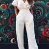 White Jumpsuit For Women Zipper Solid Color Patch Pocket V Neck Ordinary Party Daily Straight Regular Fit Half Sleeve Bell Sleeve Black Royal Blue S M L Summer