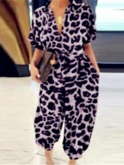 Jumpsuits For Women Summer Solid Color Shirt Collar Casual Work Daily Regular Fit Short Sleeve Black Leopard Black Camouflage Purple Leopard S M L -Cheap Plus Fit Dress Store vxvjsc1681621782790