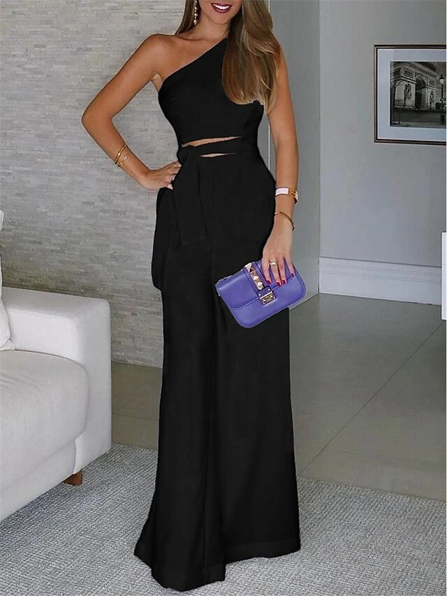 Women's Jumpsuit Lace Up High Waist Solid Color One Shoulder Streetwear Wedding Party Regular Fit Sleeveless Black White S M L Summer 4 Women's Jumpsuit Lace Up High Waist Solid Color One Shoulder Streetwear Wedding Party Regular Fit Sleeveless Black White S M L Summer - Image 4