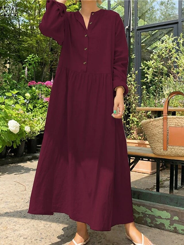 Women's Casual Dress Cotton Linen Dress Swing Dress Maxi Long Dress Linen Basic Classic Outdoor Daily Vacation V Neck Ruched Button Long Sleeve Summer Spring Fall 2023 Loose Fit Black Wine Apricot 7 Women's Casual Dress Cotton Linen Dress Swing Dress Maxi Long Dress Linen Basic Classic Outdoor Daily Vacation V Neck Ruched Button Long Sleeve Summer Spring Fall 2023 Loose Fit Black Wine Apricot - Image 7