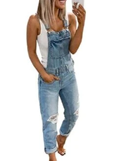 Denim Jumpsuit For Women Overall Utility Active Casual Street Daily Wear U Neck 2023 Light Blue Camouflage GraySolid Color