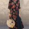 Women's Casual Dress Cotton Dress Black Dress Maxi Long Dress Cotton Blend Basic Modern Outdoor Daily Vacation Crew Neck Print Half Sleeve Summer Spring 2023 Loose Fit Black Yellow Red Flower M L XL