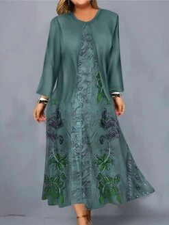 Women's Plus Size Curve Casual Dress Dress Set Two Piece Dress Floral Midi Dress Long Sleeve Print Crew Neck Fashion Outdoor Blue Purple Fall Winter L XL XXL 3XL 4XL -Cheap Plus Fit Dress Store vyriry1697023551777