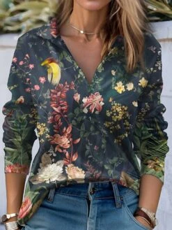 Women's T Shirt Tee Black Pink Blue Floral Print Long Sleeve Holiday Weekend Fashion Shirt Collar Regular Fit Floral Painting Spring &Fall