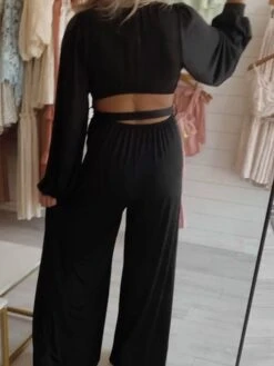 Women's Jumpsuit Lace Up Solid Color Deep V Streetwear Street Daily Wide Leg Regular Fit Long Sleeve Black S M L Fall -Cheap Plus Fit Dress Store vzqntk1694754573067