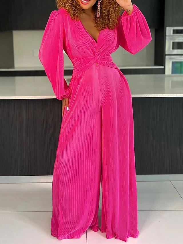 Women's Jumpsuit Criss Cross Solid Color V Neck Streetwear Street Daily Regular Fit Long Sleeve Fuchsia Green S M L Fall 2 Women's Jumpsuit Criss Cross Solid Color V Neck Streetwear Street Daily Regular Fit Long Sleeve Fuchsia Green S M L Fall - Image 2