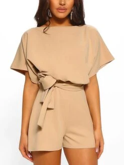 Jumpsuits For Women Summer Romper Solid Color Basic Daily Wear Regular Fit Short Sleeve Wine Red Apricot 1 Blue S M L